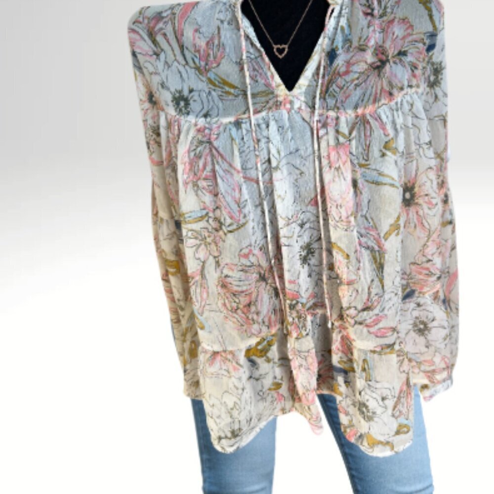 Lucky Brand White Floral Tie-Neck Peasant Blouse with Pink and Green Print - Picture 2 of 8